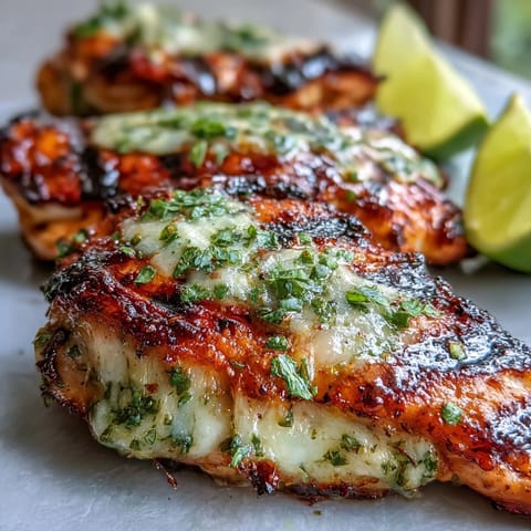 Melted pepper Jack cheese topping tender grilled Grilled Salsa Verde Pepper Jack Chicken on a plate with cilantro.