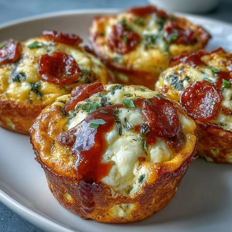 Savory High-Protein Pepperoni Breakfast Cups plated with a side of pizza sauce for dipping and fresh diced bell peppers.