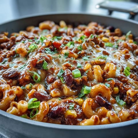 A hearty bowl of One-Pot Tex-Mex Chili Mac with Corn is topped with fresh cilantro and sour cream.