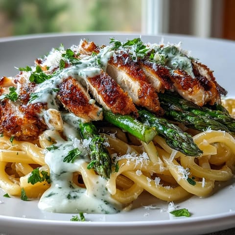 Golden, crispy Parmesan asparagus chicken pasta served in a white bowl, garnished with fresh parsley and lemon zest.