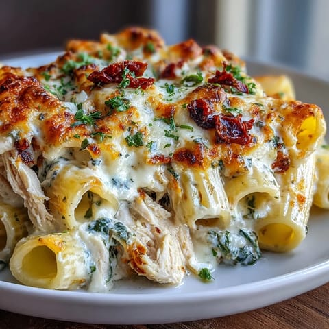 Creamy Greek Yogurt Chicken Alfredo Bake served in a white dish, topped with fresh spinach and sun-dried tomatoes. 