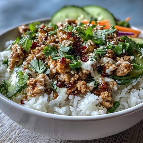 Savory ground turkey and fluffy rice topped with crisp veggies and creamy bang bang sauce in Spicy Bang Bang Turkey Rice Bowls.