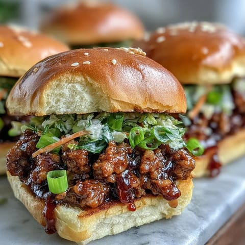 Freshly toasted slider buns cradle warm Korean Turkey Sloppy Joe Sliders with colorful slaw and sesame seeds.