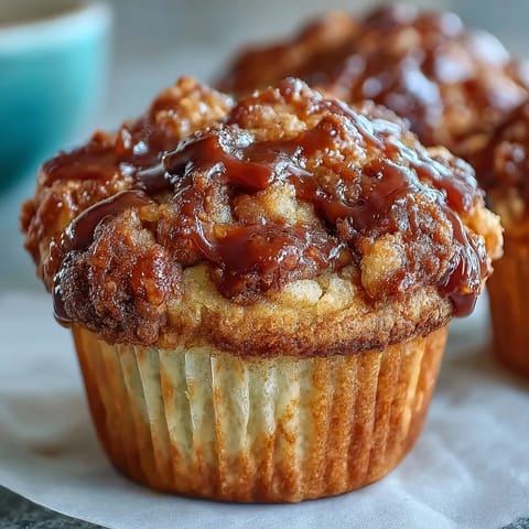 A close-up of Caramel Cream Cheese Swirl Muffins revealing marbled interiors, served on a rustic wooden board beside a coffee mug.