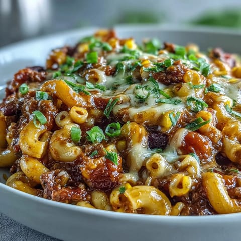 Creamy One-Pot Tex-Mex Chili Mac with corn and black beans, garnished with melted cheese and fresh cilantro.