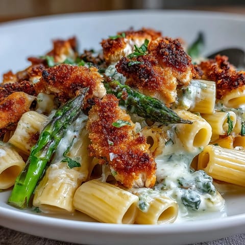 A fork lifts tender chicken and crisp asparagus from Crispy Parmesan Asparagus Chicken Pasta.