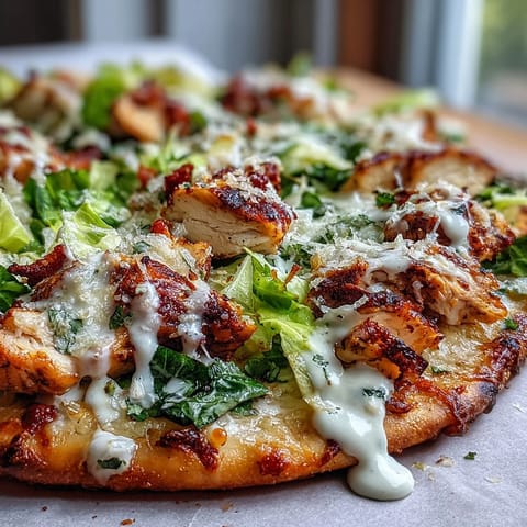 Golden Garlic Naan Chicken Caesar Pizzas topped with fresh romaine, shaved parmesan, and drizzle.