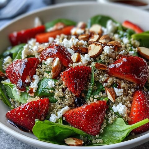 A colorful and refreshing strawberry spinach quinoa salad, topped with juicy berries, creamy feta, and crunchy toasted almonds, all tossed in a tangy balsamic dressing.