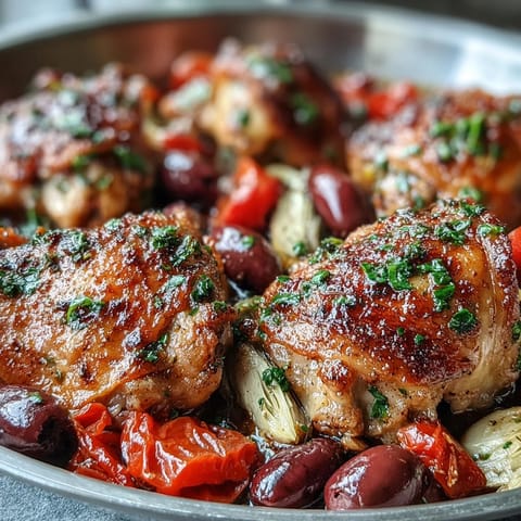 One-Pan Mediterranean Chicken with Olives and Artichokes: golden chicken thighs roasted with briny olives, tender artichokes, and cherry tomatoes in a zesty lemon-herb sauce.