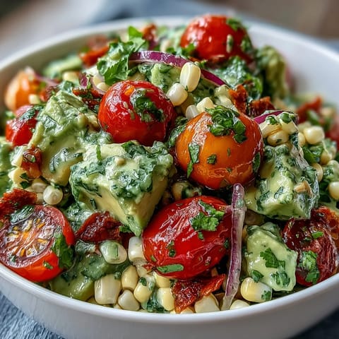 Colorful bowl of corn, tomato, and avocado salad topped with cilantro and dressed in bright lime vinaigrette.  
