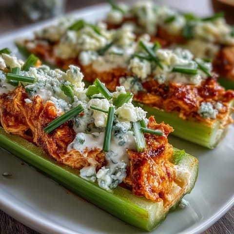 Keto Buffalo Chicken Stuffed Celery Boats topped with tangy blue cheese crumbles and fresh chives.