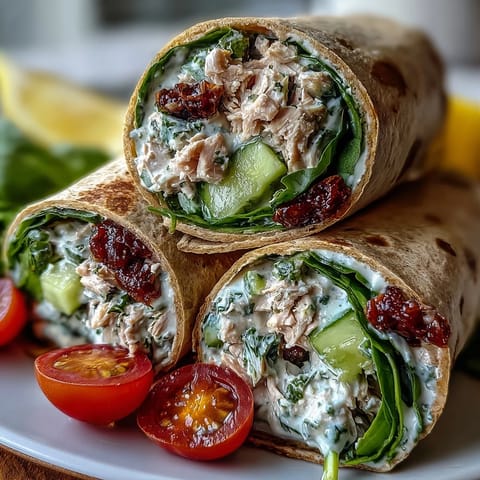 Fresh tuna and white bean salad wrap with crisp cucumber and juicy tomatoes, perfect for a healthy Mediterranean-inspired lunch.