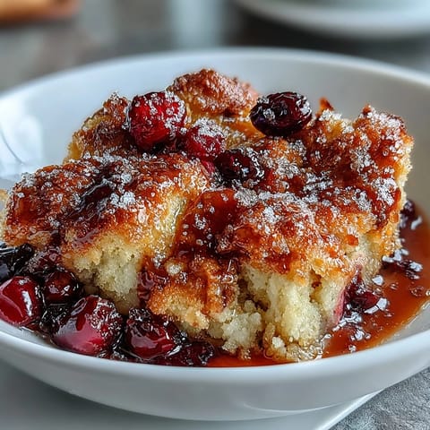 Warm Cranberry Cobbler fresh from the oven, featuring a crisp golden crust over sweet-tart cranberry filling.