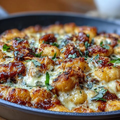 Creamy Chicken Parmesan Gnocchi in a skillet with melted mozzarella, golden panko topping, and fresh basil for a quick Italian-inspired dinner.
