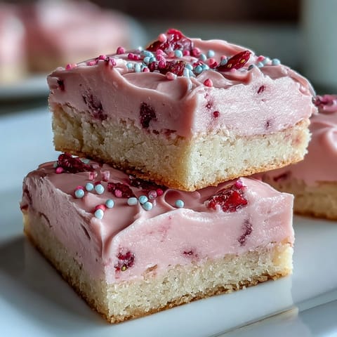 Soft and chewy sugar cookie bars frosted with naturally flavored strawberry buttercream and pink sprinkles.  