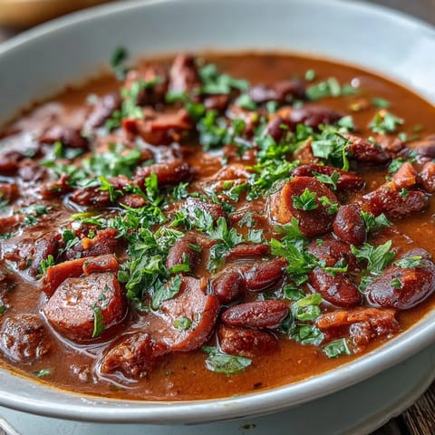 Rich and smoky ham and red bean soup served over fluffy white rice, perfect for a cozy dinner.  