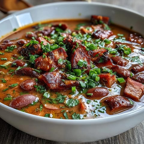 A steaming bowl of hearty ham and red bean soup, garnished with green onions and parsley.  