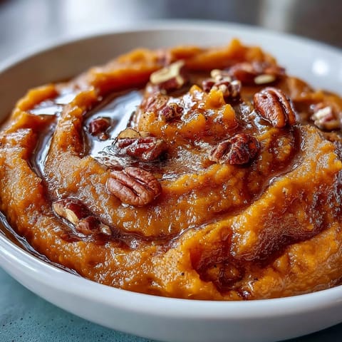 A bowl of creamy mashed candied yams with butter and cinnamon, garnished with chopped pecans and a sprinkle of nutmeg.