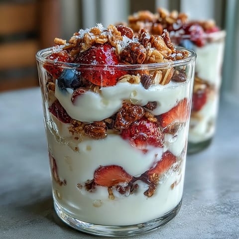 Vibrant Galentines Brunch Strawberry Yogurt Parfait Bar with fresh berries, creamy Greek yogurt, and crunchy granola toppings.  
