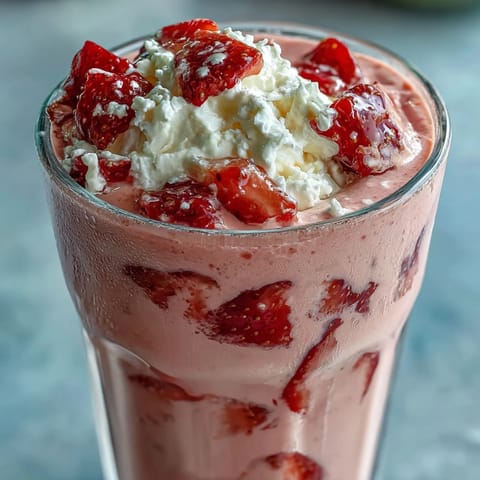 Creamy cottage cheese strawberry smoothie with fresh berries and a hint of vanilla, perfect for a healthy breakfast.  