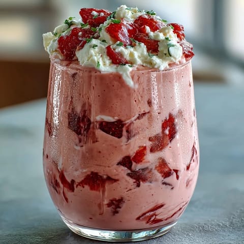 High-protein cottage cheese strawberry smoothie blended with sweet strawberries and honey, ideal for post-workout recovery.  