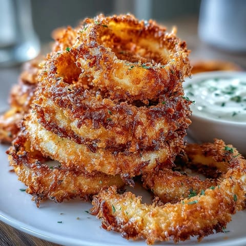Crispy baked onion rings golden brown and served with creamy smoky paprika dip for a delicious appetizer.  