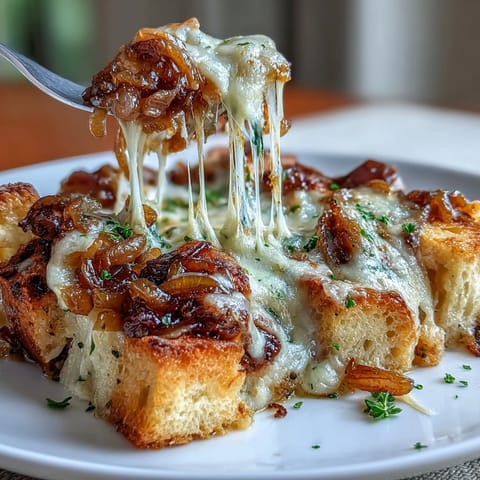 Savory French onion chicken thighs baked with melted Gruyère, topped with crisp sourdough cubes for a hearty main dish.  