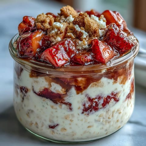 Strawberry cheesecake overnight oats with graham crumble in a glass jar, layered with creamy oats and fresh strawberries topped with crunchy graham cracker crumbs.