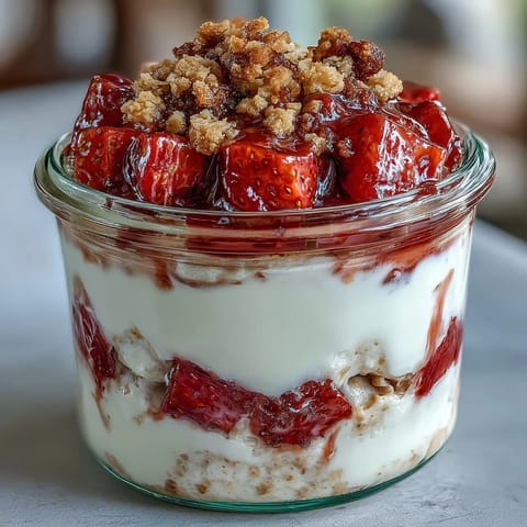 A jar of strawberry cheesecake overnight oats featuring velvety cream cheese-infused oats, juicy strawberries, and a buttery graham crumble topping for a decadent breakfast.