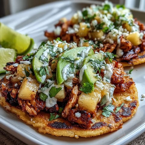 Crispy tostadas piled high with tender chicken, zesty pineapple salsa, and creamy lime crema for a fresh and flavorful meal.