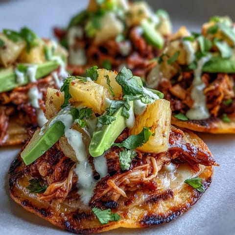 Golden-baked chicken tostadas topped with sweet pineapple salsa, jalapeño kick, and tangy lime crema for a vibrant dinner.