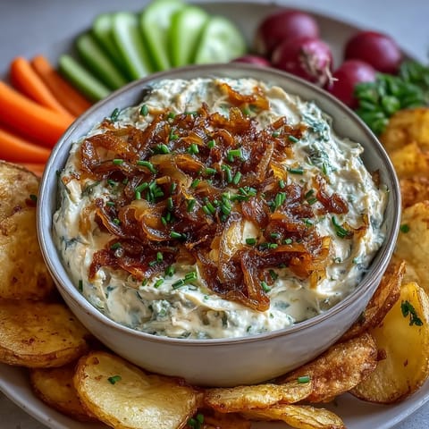 Creamy caramelized onion dip with Greek yogurt, perfect for parties and served with crispy potato chips.