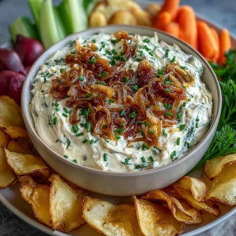 Rich and tangy caramelized onion dip featuring Greek yogurt base, ideal for veggie platters and crackers.