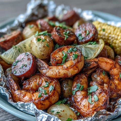 Mouthwatering Onion Boil Shrimp and Sausage Foil Packets with tender potatoes, sweet corn, and zesty Cajun spices roasted in foil.  