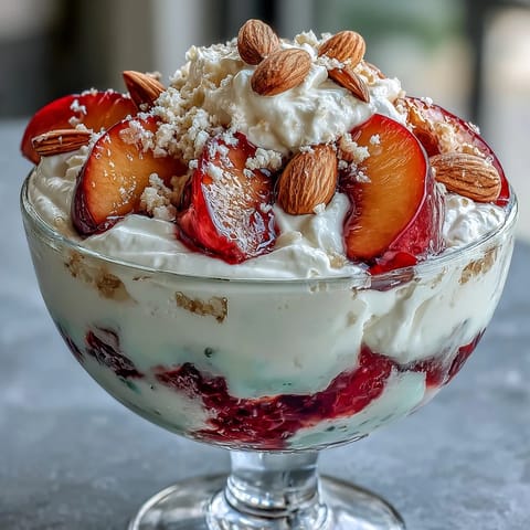 Fluffy yogurt peach melba cups with toasted almonds, layered with fresh raspberries and creamy Greek yogurt, served in elegant glasses.