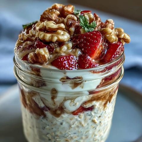 Strawberry banana bread overnight oats with walnuts in a glass jar, topped with fresh strawberries and banana slices for a wholesome breakfast.