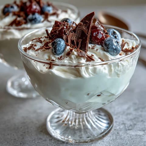 Fluffy Yogurt Protein Mousse with Cocoa and Sea Salt, a creamy high-protein dessert topped with dark chocolate shavings and fresh berries.