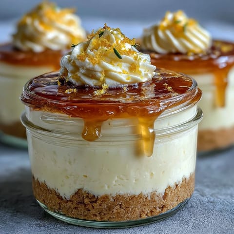 Bright Limoncello Cheesecake Jars with creamy mascarpone and zesty lemon curd, layered over a buttery biscuit base.