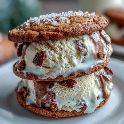 Creamy vanilla bean ice cream between soft coffee cookies in a delicious frozen dessert treat.