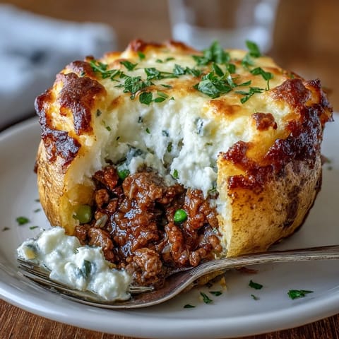 Comforting shepherd's pie stuffed baked potatoes filled with savory ground beef, vegetables, and topped with creamy mashed potatoes.  