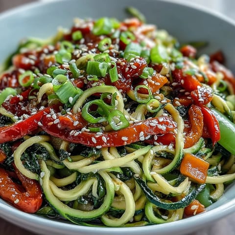 Vibrant zucchini noodle stir fry with crisp bell peppers, snap peas, and carrots in a light sesame-ginger sauce.