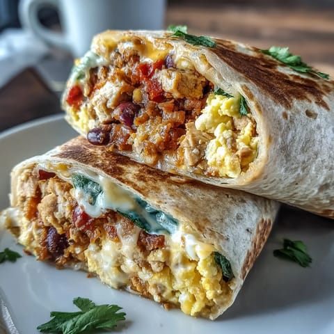 High-protein breakfast burritos filled with scrambled eggs, turkey, black beans, and melted cheese, wrapped in whole wheat tortillas for a hearty morning meal.