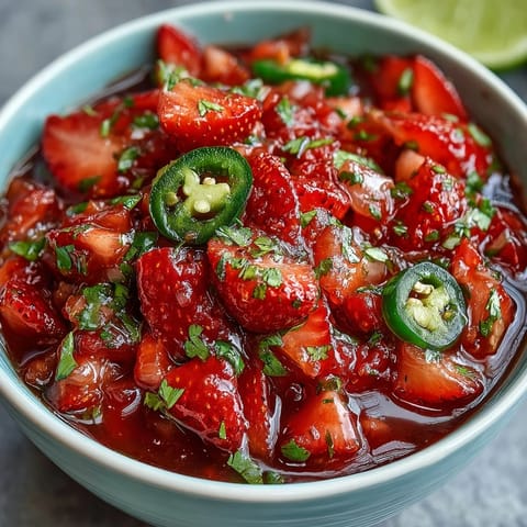 Fresh strawberry salsa with lime and jalapeño, bursting with color and flavor for a zesty taco topping.  