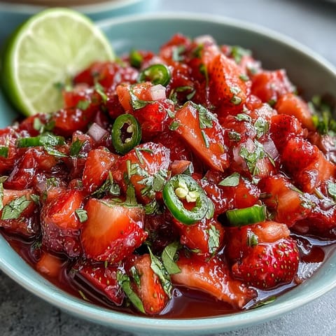 Bright and refreshing strawberry salsa with jalapeño, lime zest, and cilantro—perfect for chips or grilled seafood.  