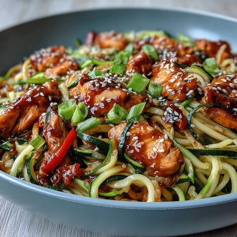 Healthy Easy Zucchini Noodle Stir Fry with Chicken in a vibrant skillet with colorful vegetables and savory sauce.