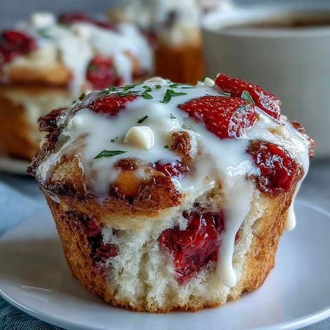 Golden strawberry muffins with white chocolate chips, fresh berries and melty chips in every bite.