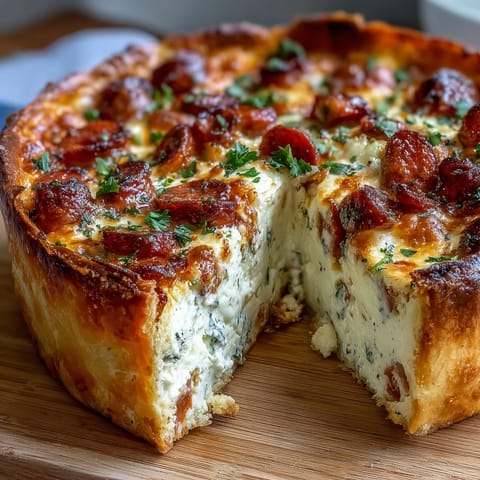 Savory Italian Easter Pie with Ricotta and Salami, golden crust encasing rich cheese and spiced salami filling.  