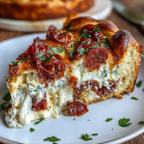 Hearty Easter pie featuring creamy ricotta, diced salami, and melted mozzarella baked in a flaky pastry crust.  