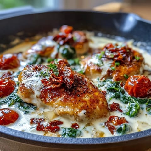 Creamy Tuscan Chicken Skillet with golden seared chicken in a rich garlic cream sauce, sun-dried tomatoes, and wilted spinach. One-pan comfort food for busy weeknights.
