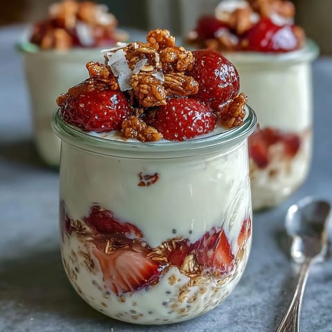 Creamy overnight oats with chia seeds and granola, layered with fresh strawberries for a healthy, make-ahead breakfast.
